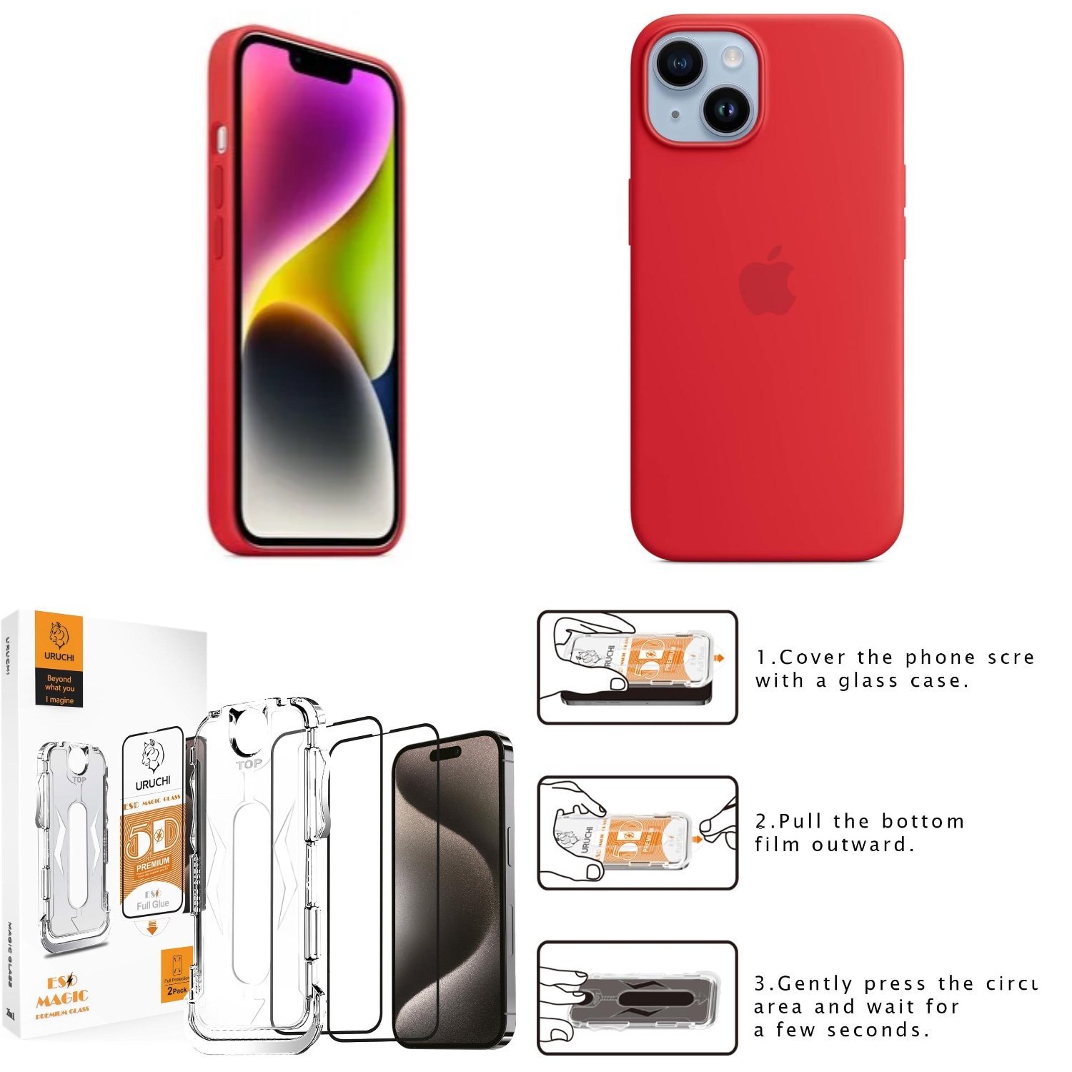 Orijinal Iphone 14 Silicone Magsafe Red + URUCHI 14/13 Pro/13 (6.1'') [2'li Paket] Hizalama Aparatı