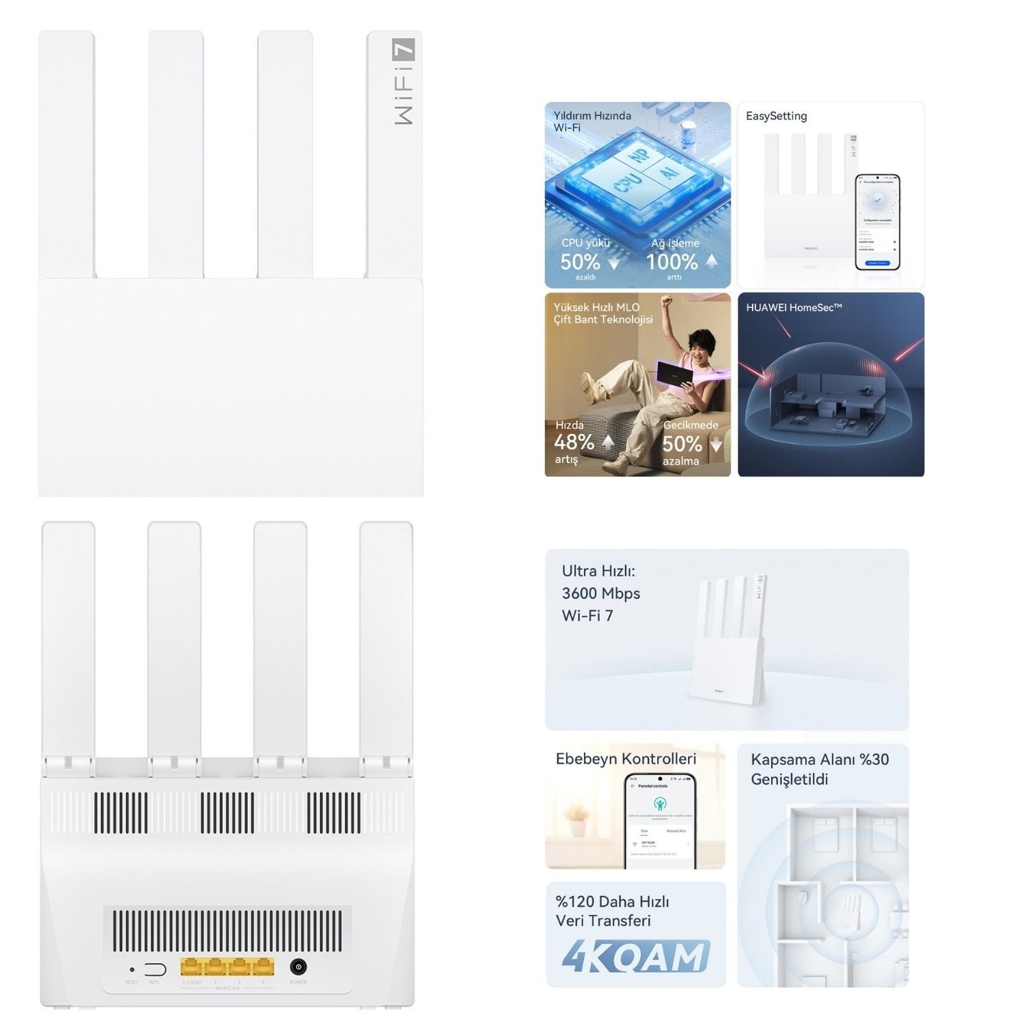 Huawei BE3 Wi-Fi 7 BE3600 Mbps, Fiber 1×2.5 Gbps + 3×1 Gbps Wan/lant HarmonyOS Mesh,HomeSecTM