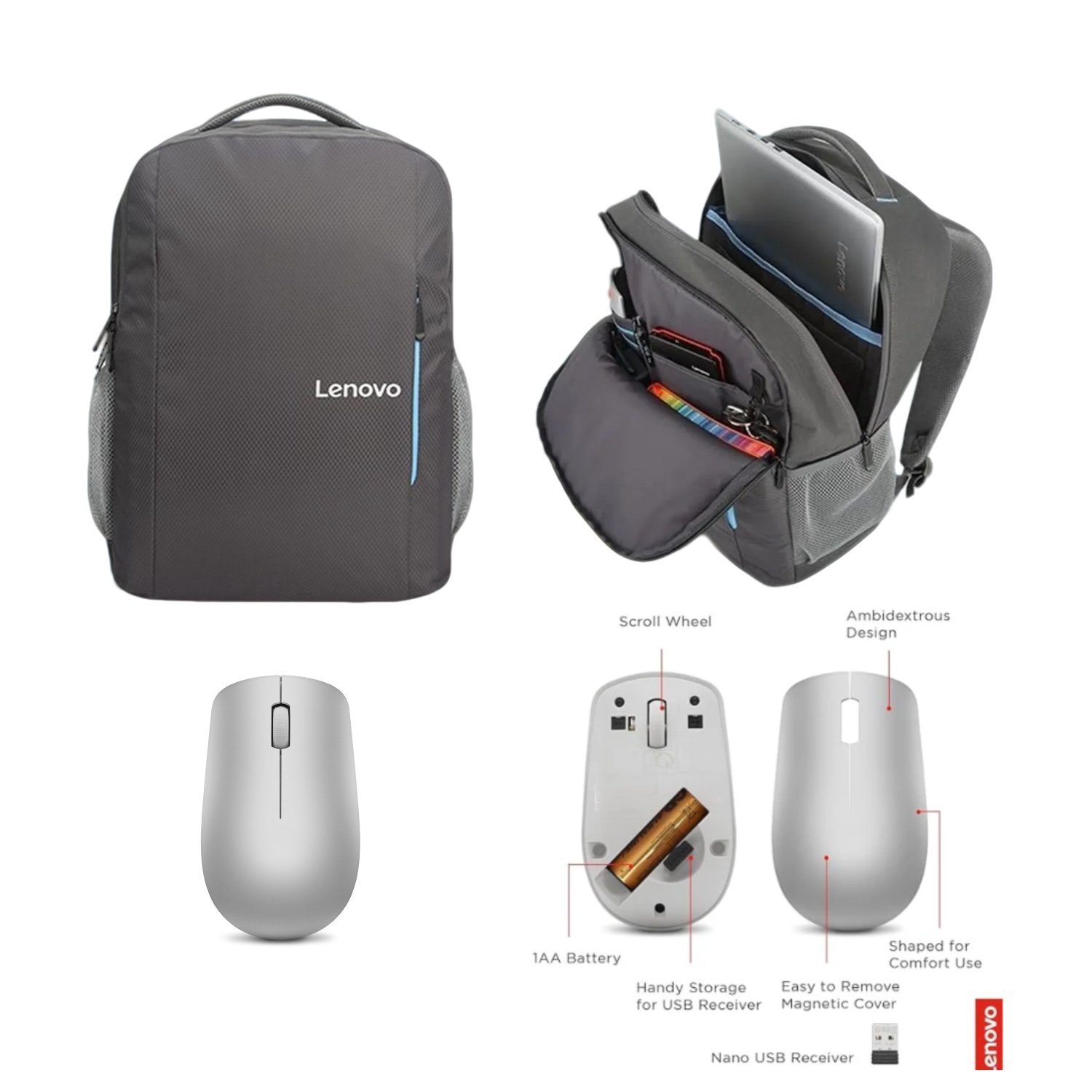 Lenovo B515 Gri Çanta, Lenovo 530 Wireless Metalik Gri Mouse Pro Set