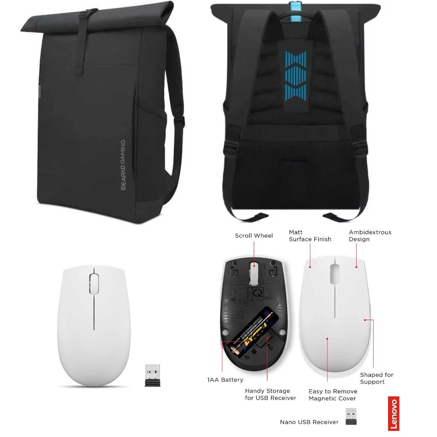 Lenovo 300 Kablosuz Mause Bulut Gri, Gaming GX41H70101 16 inç Siyah Çanta Pro Set