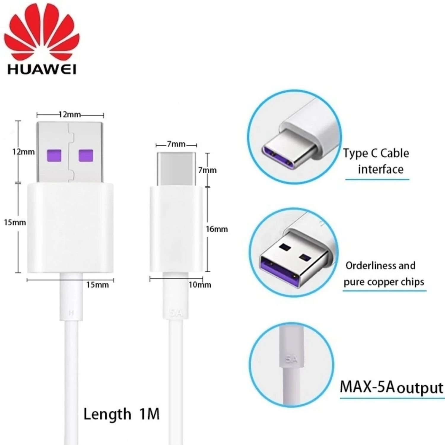 Huawei Orjinal 5a Type C Hızlı Şarj Kablosu 1 Metre Beyaz Kutu Çıkması Ucu Mor Kablo